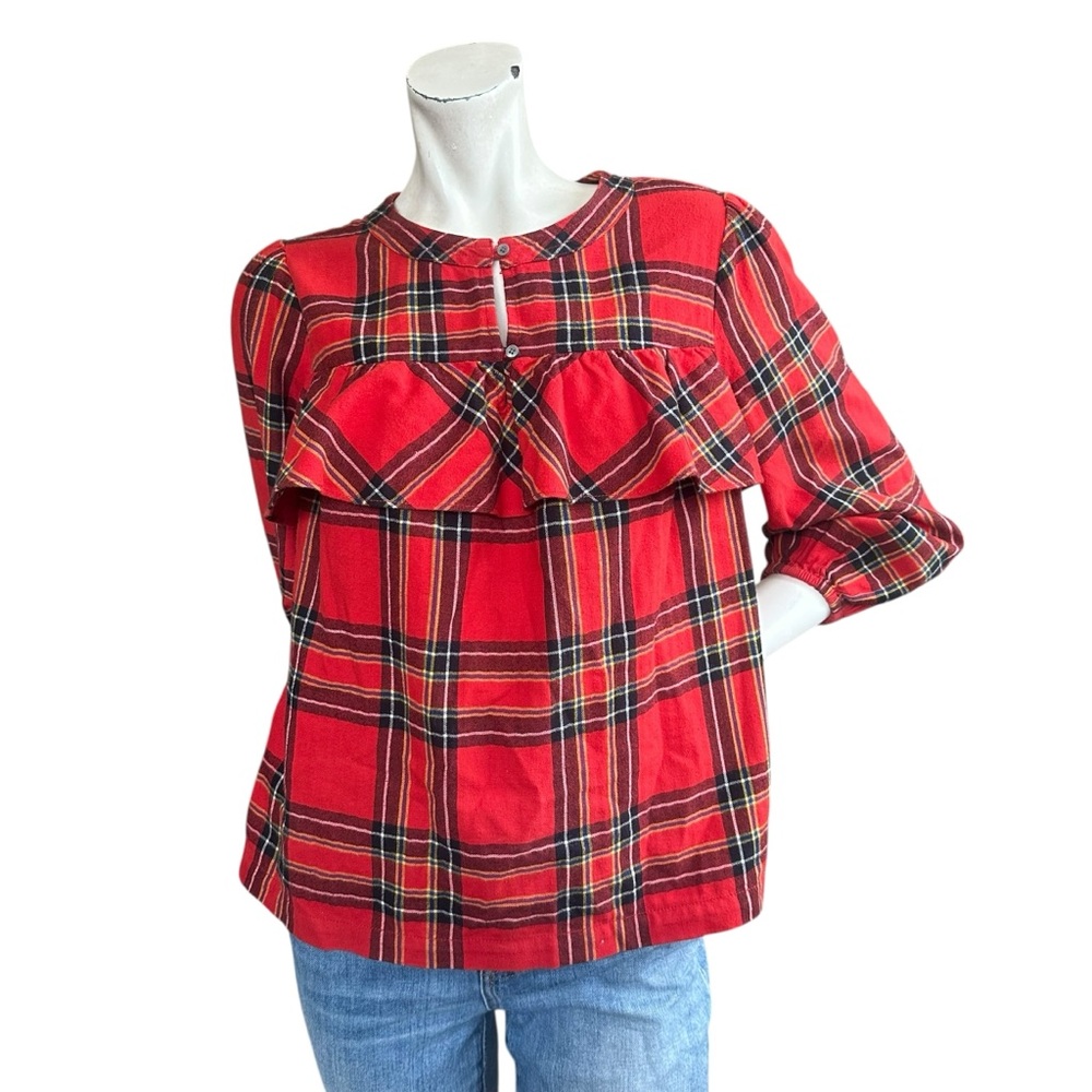 J Crew Red Tartan Holiday Ruffle Cotton Modest High Neck Blouse Small Petite